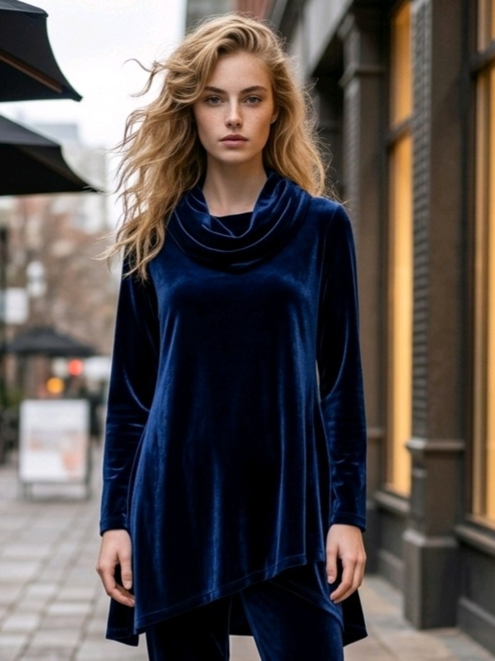 Soft Surroundings Navy Blue Velvet Tunic Top Featuring a Draped Cowl Neck M EUC